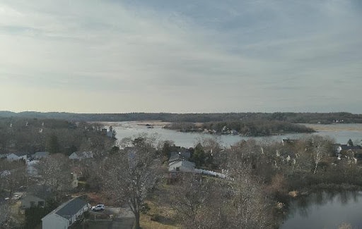 Aerial drone view of lakeside residential area