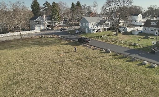 Aerial drone view of residential neighborhood